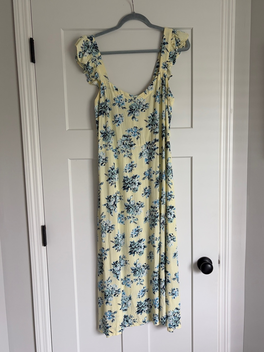 LOFT Yellow Midi Dress with Blue Floral Print